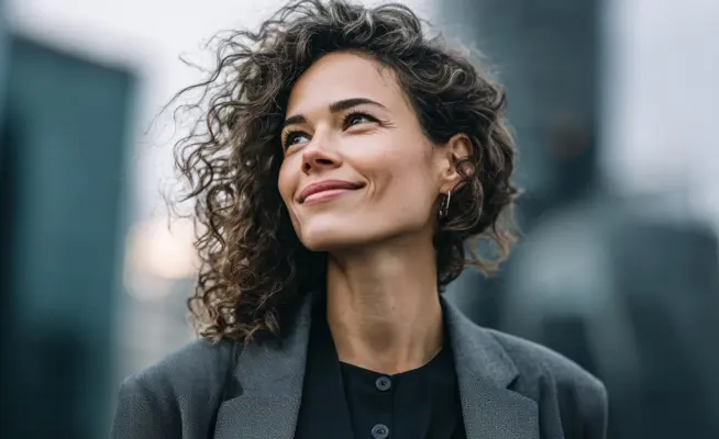Mulher com cabelo encaracolado a sorrir num ambiente urbano