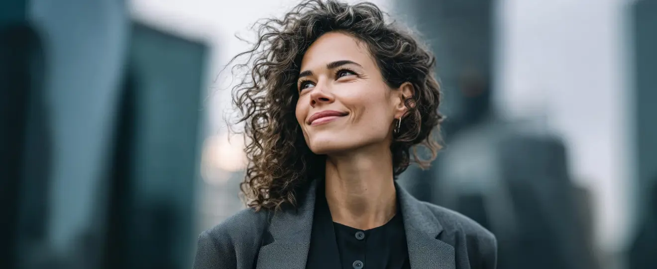 Mulher com cabelo encaracolado a sorrir num ambiente urbano