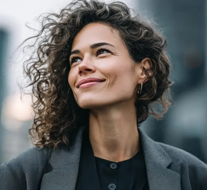 Mulher com cabelo encaracolado a sorrir num ambiente urbano