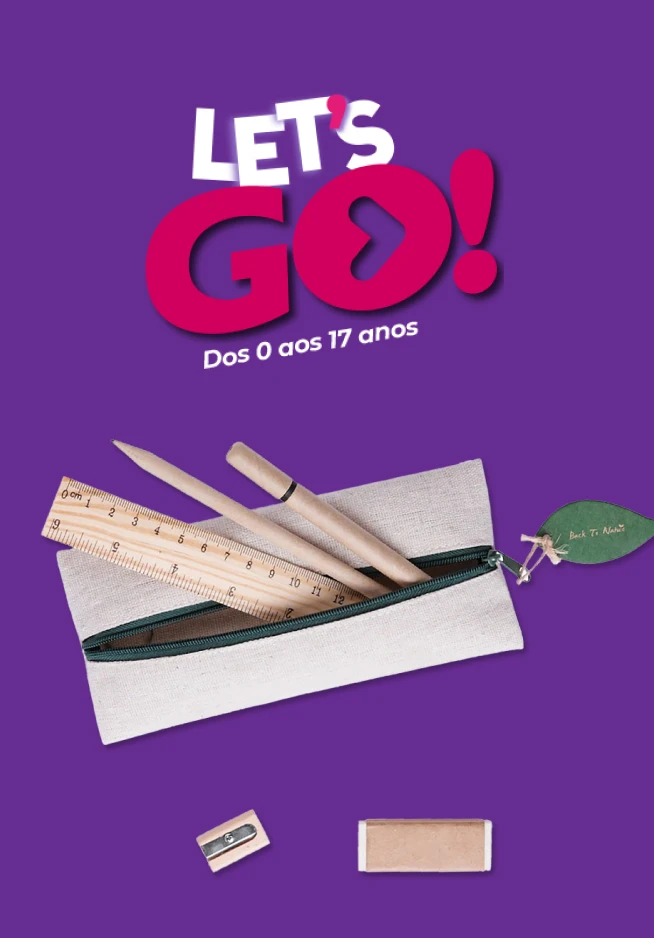 Logotipo Let's GO! e um estojo com material escolar