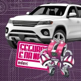 SUV branco e heroí Móbis com sinal "Seguros é na app" sobre fundo de desenhos técnicos de um carro