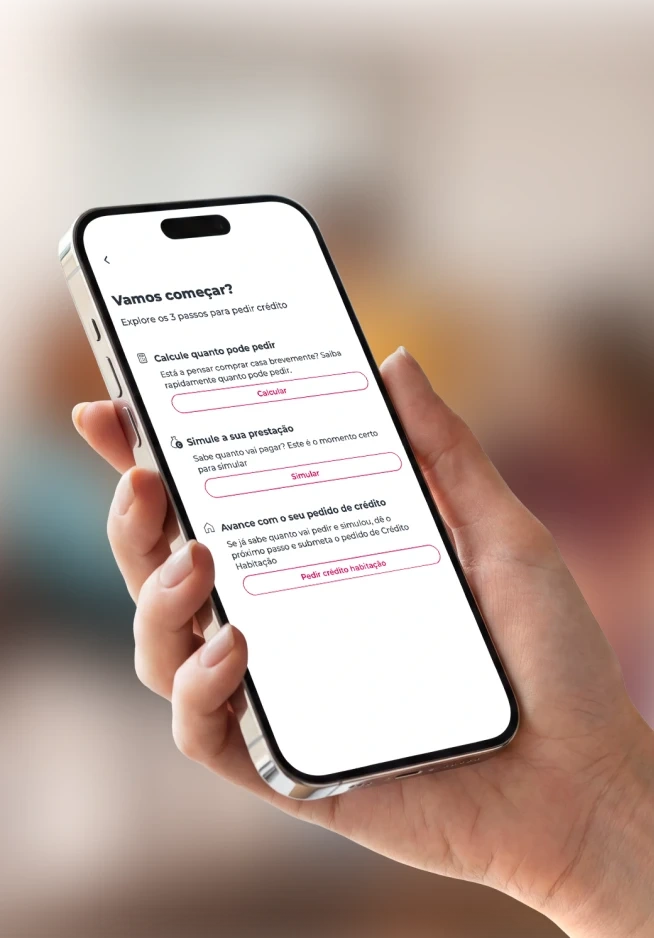Ecrã da App Millennium com os 3 passos para pedir crédito habitação