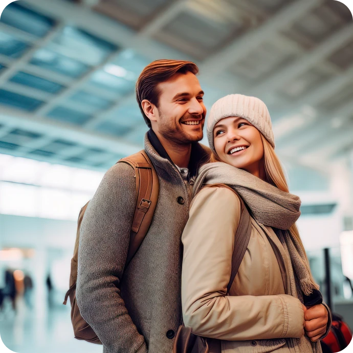 casal sorridente, num aeroporto