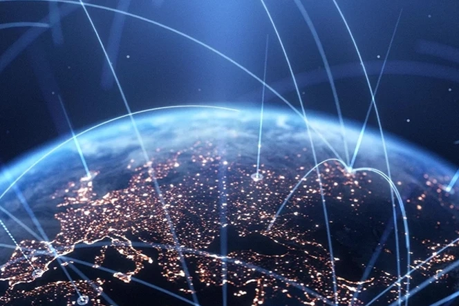 Night view of Europe from space with light arcs connecting points on the globe