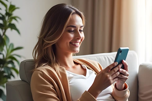 senhora sorridente sentada no sofá, com telemóvel