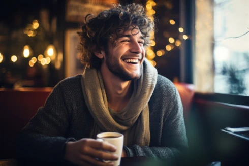 rapaz sorridente, num café, com chávena na mão