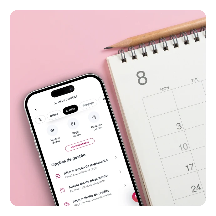 Telemóvel com app Millennium e um calendário