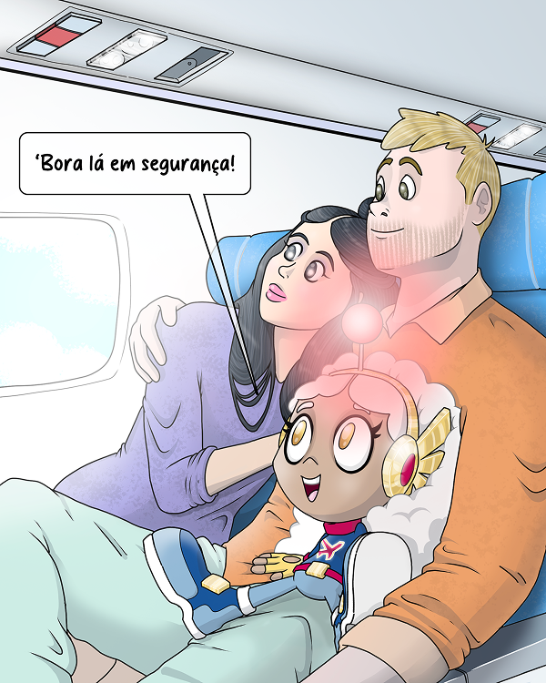 Casal e o super-herói ON/OFF sentados num avião, a viajar em segurança