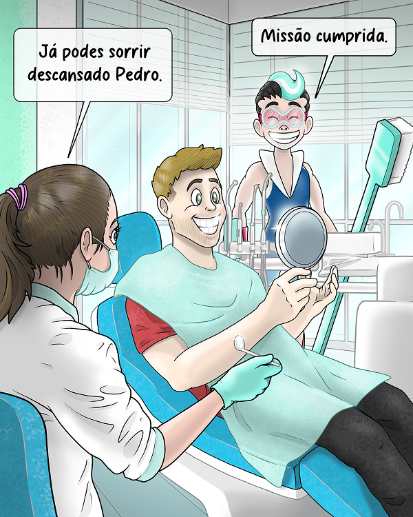 Homem sorri no dentista ao lado da médica e do herói Médis Dental, que diz "Missão cumprida"