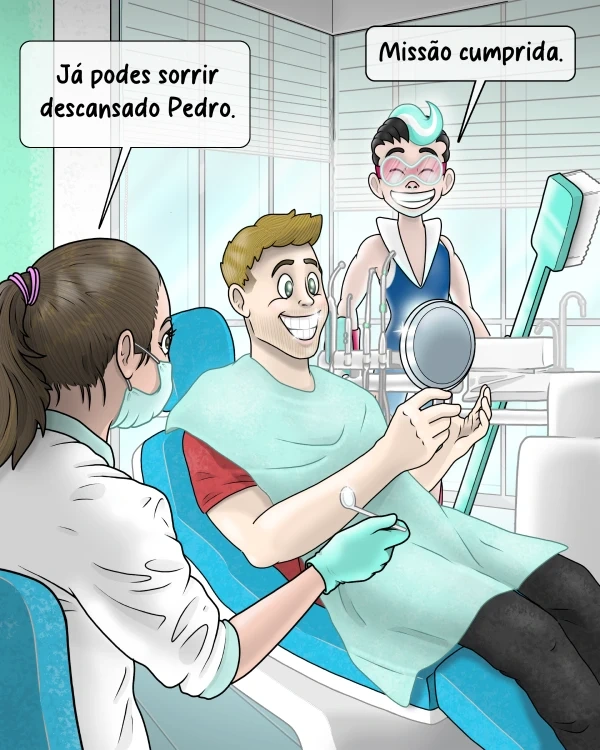 Homem sorri no dentista ao lado da médica e do herói Médis Dental, que diz "Missão cumprida"
