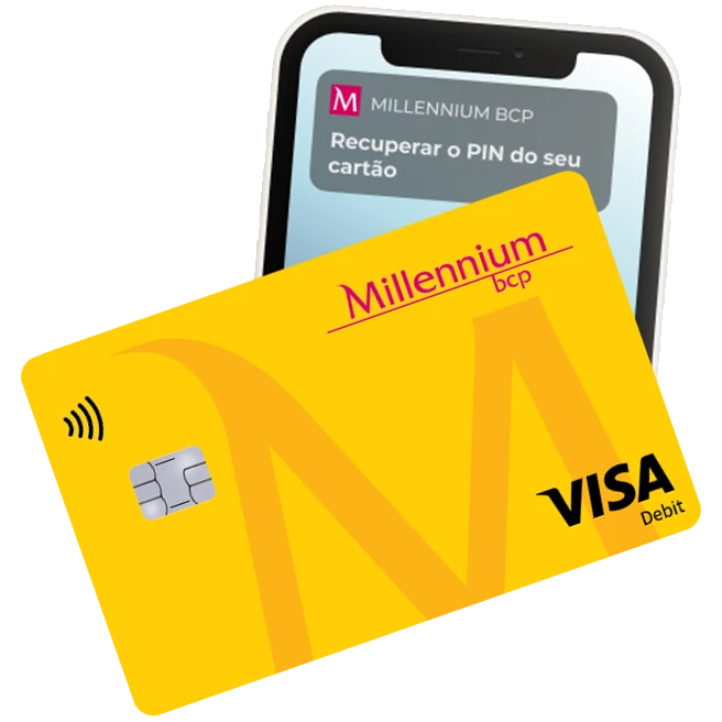 telemóvel com notificação Millennium bcp "Recuperar PIN do seu cartão" e cartão de débito em frente