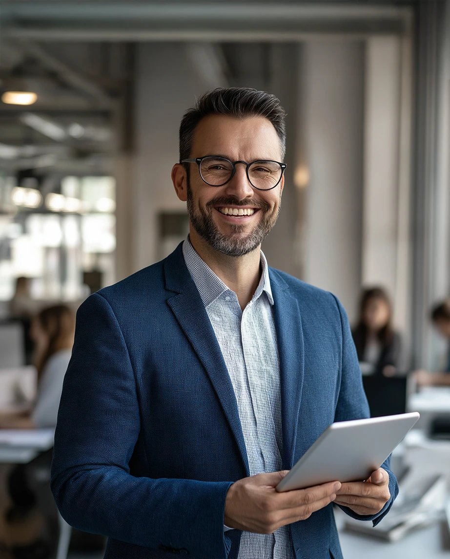 Smiling man in an office, holding a tablet