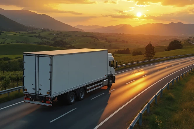 camião a circular numa estrada ao pôr do sol