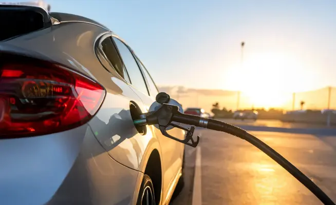 Carro a ser abastecido numa bomba de gasolina ao pôr do sol