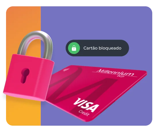 Cartão Classic, um cadeado cerise e uma caixa de texto que diz "Cartão bloqueado"