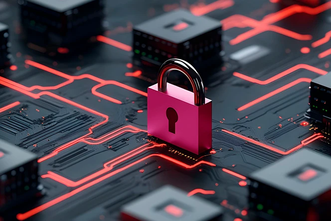 Imagem estilizada de um cadeado sobre um circuito eletrónico