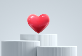 Coração vermelho sobre pódios brancos minimalistas, simbolizando cuidado, saúde e bem-estar