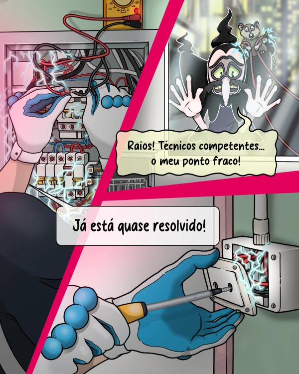 Herói HOMIN a reparar o quadro elétrico enquanto o vilão se lamenta da sua derrota.