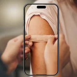 Colocação de penso rápido, no braço de uma pessoa, com imagem de telemóvel a focar a ação