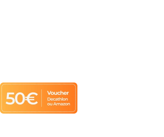 Voucher laranja com o texto "50€ Voucher Decathlon ou Amazon"